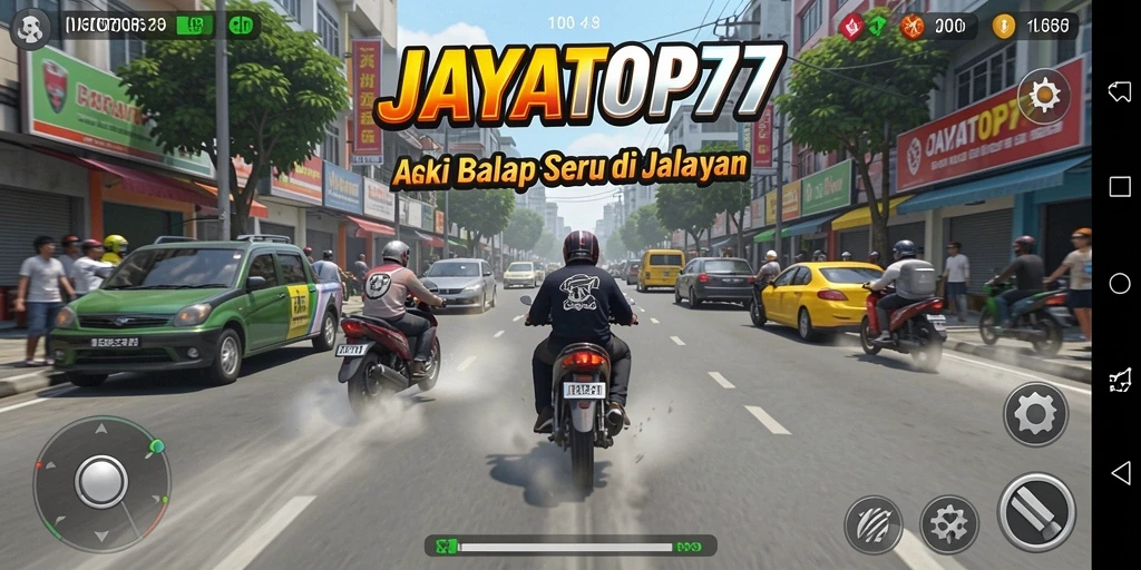Screenshot dari gameplay seru JAYATOP77 yang menunjukkan mobil balap di lintasan.