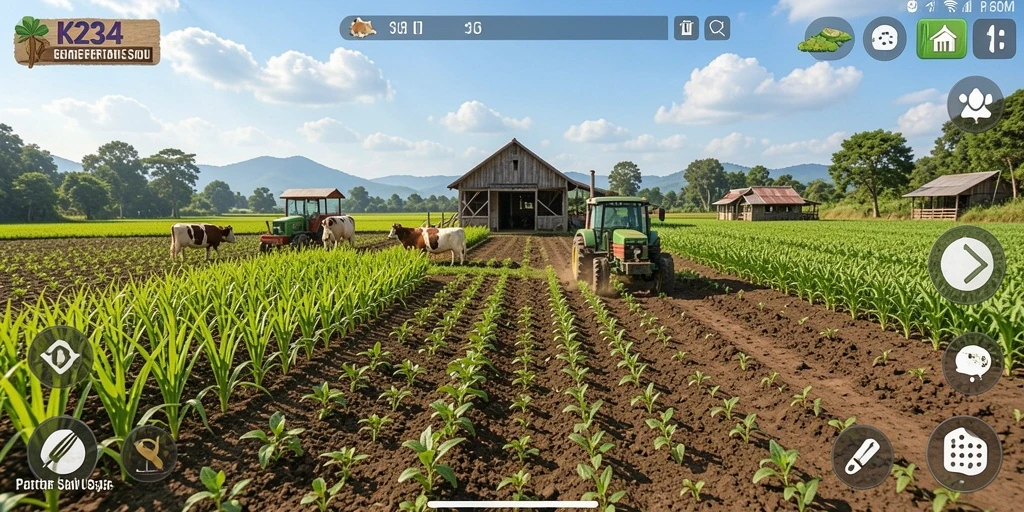 Tampilan gameplay K234 dengan peternakan yang rapi dan tanaman subur.