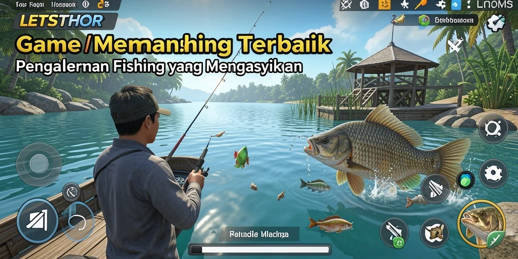 Tampilan gameplay LETSTHOR yang menarik saat memancing di danau.
