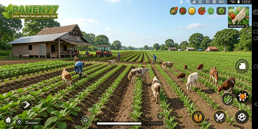 Tampilan gameplay PANEN77 yang menampilkan kebun indah dan interaksi hewan.