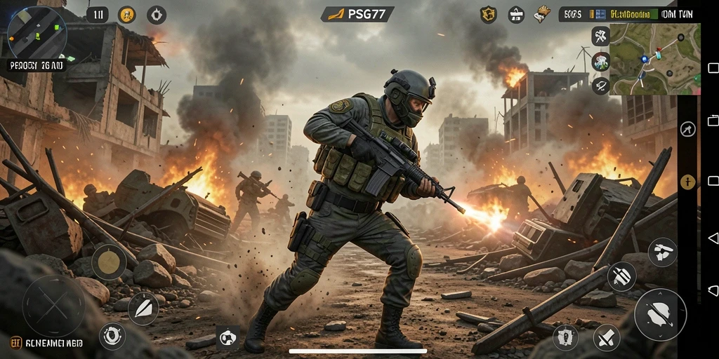 Screenshot gameplay PSG77 menunjukkan aksi menegangkan di medan perang.