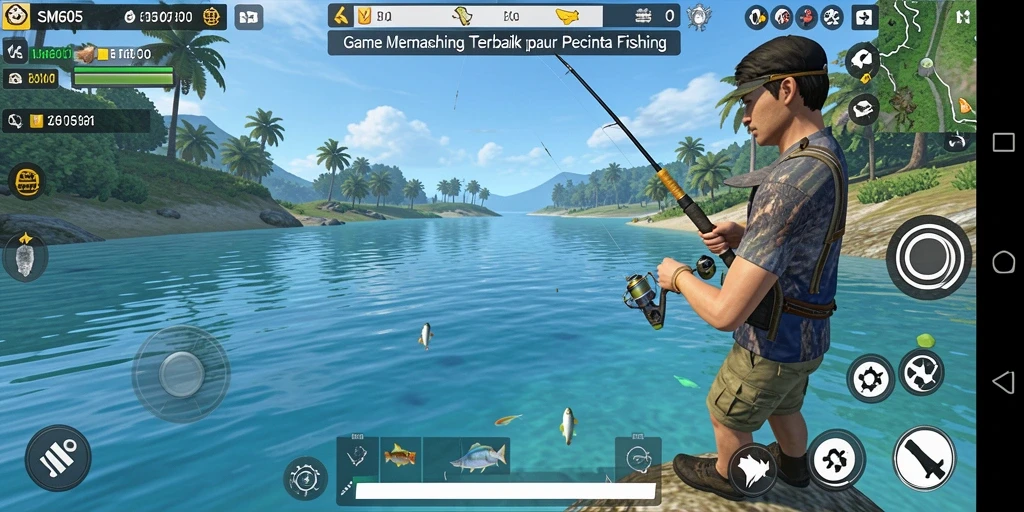 Tampilan gameplay menarik dari SM605 saat memancing di lokasi yang indah.